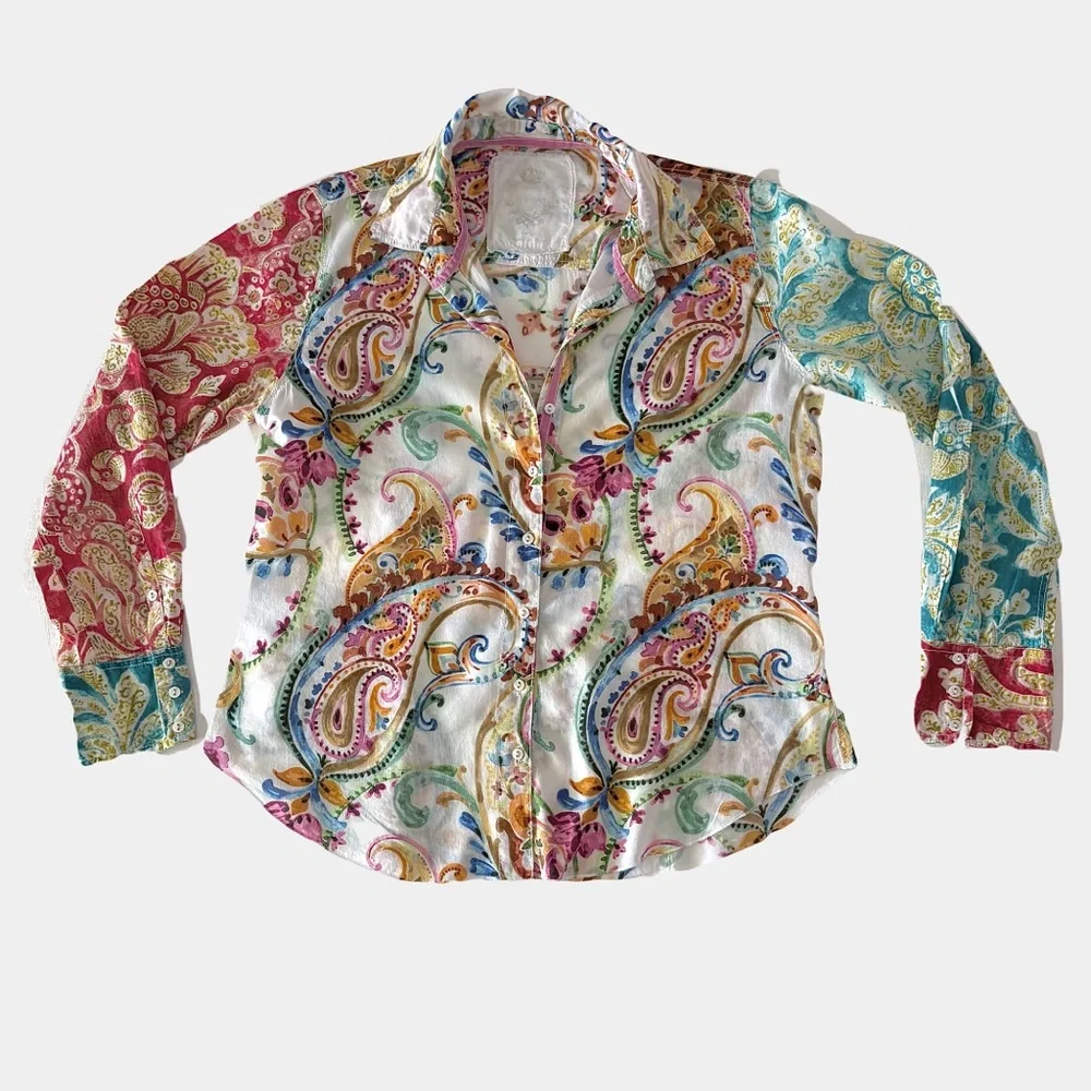 Cino Shirt Womens Colorful Paisley Boho Festival Roll Tab Sleeve Button Up Sz L - Picture 2 of 12